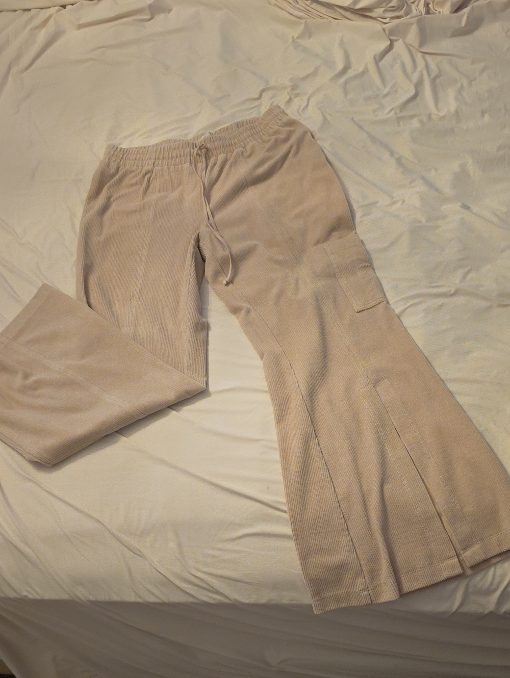 Beige Corduroy Style Ribbed Soft Flare Pants - Women's